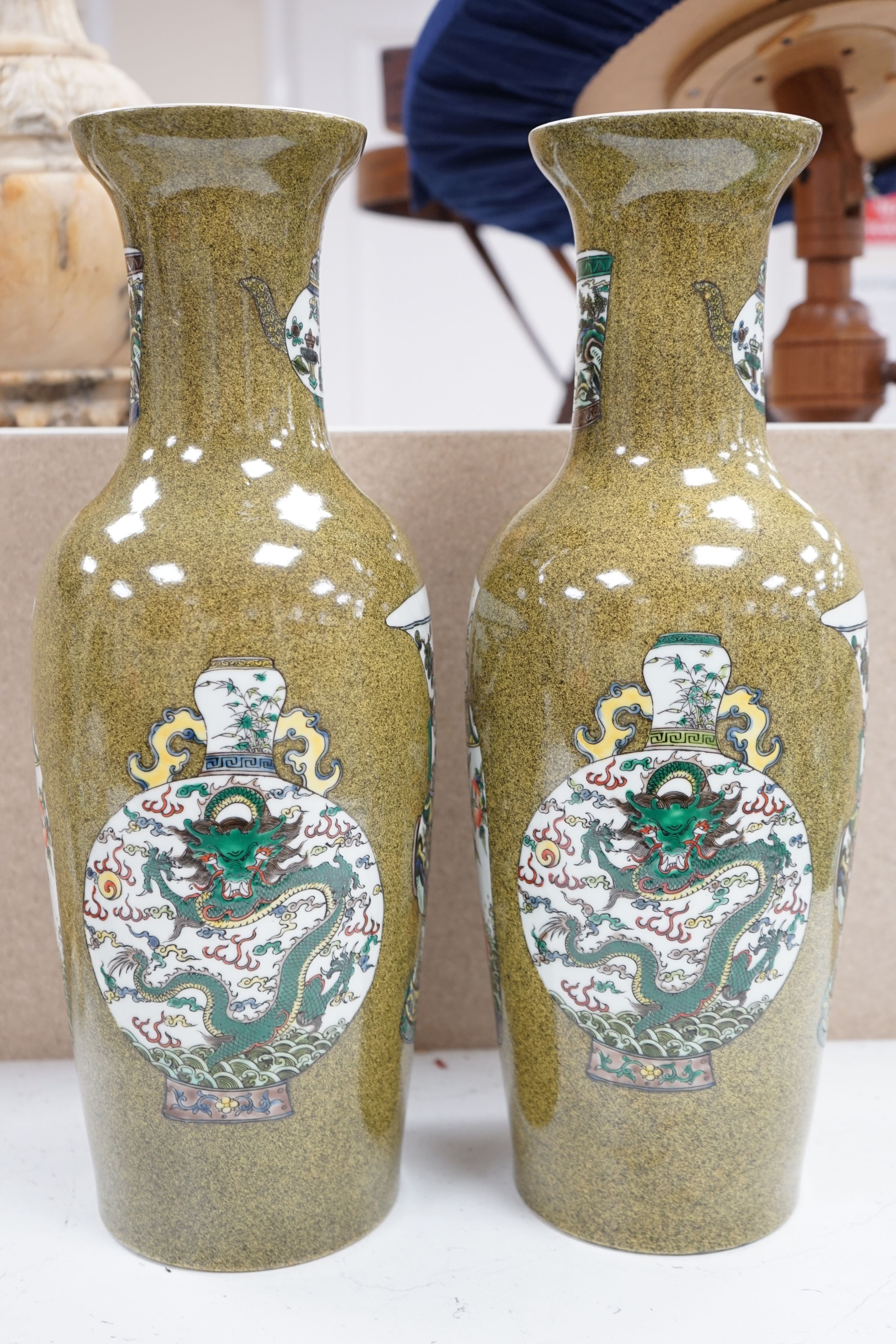 A pair of Chinese Kangxi style tea dust glazed vases, 46cm